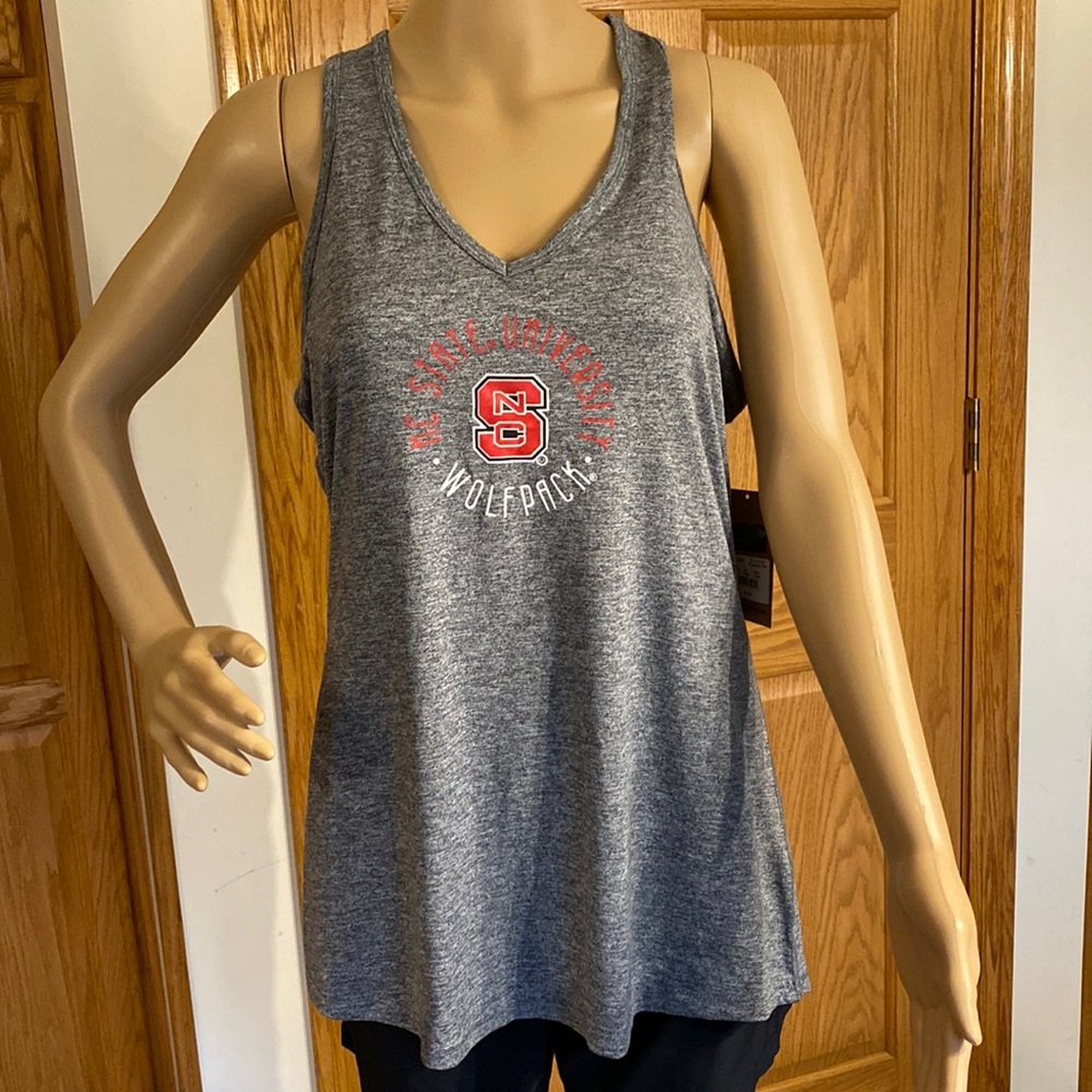 NC University heather gray v neck tank with keyhole & crisscross accent …